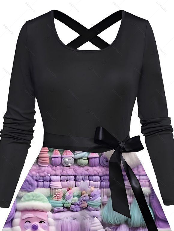 Christmas Couple Outfit Santa Claus 3D Print Crossover Belt Dress and Shirt Set - violet lavande 