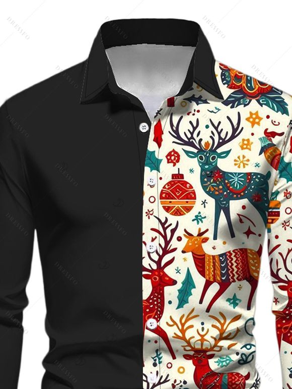 Couple Outfit Zig Zag Elk Bell Christmas Tree Printed Belt Dress and Shirt Set - Noir S | US 4