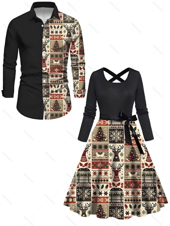 Couple Outfit Elk Snowflake Christmas Tree Printed Crossover Belt Dress and Shirt Set - Noir S | US 4