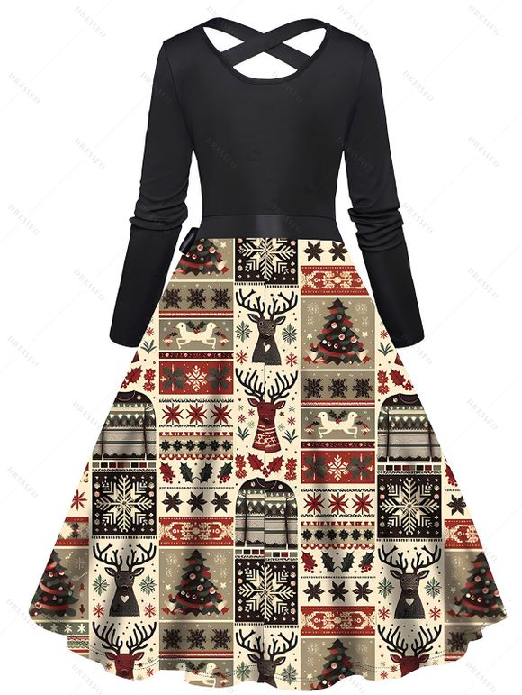 Couple Outfit Elk Snowflake Christmas Tree Printed Crossover Belt Dress and Shirt Set - Noir S | US 4