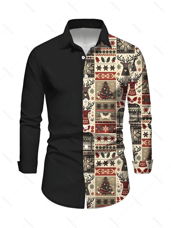Couple Outfit Elk Snowflake Christmas Tree Printed Crossover Belt Dress and Shirt Set - Noir S | US 4