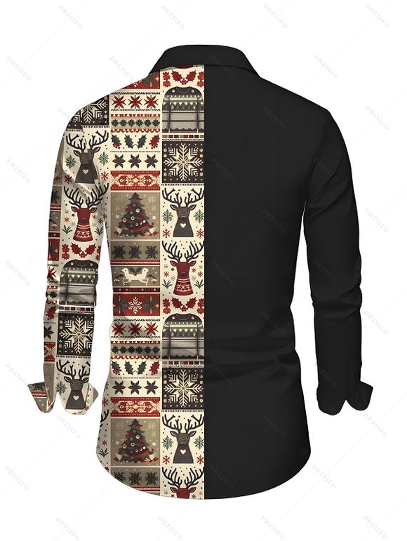 Couple Outfit Elk Snowflake Christmas Tree Printed Crossover Belt Dress and Shirt Set - Noir S | US 4