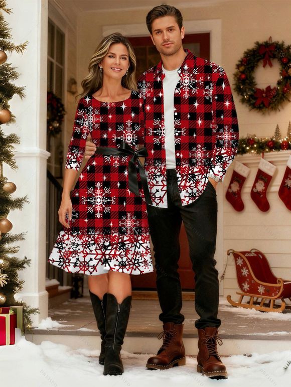 Christmas Snowflake Plaid Print Belted Long Sleeve Dress And Button Up Long Sleeve Shirt Outfit - Rouge foncé S | US 4
