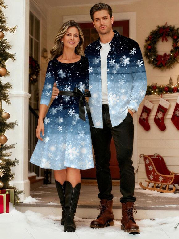Christmas Ombre Snowflake Print Crisscross Bowknot Belted Dress and Long Sleeve Turn Down Collar Shirt Outfit - Bleu S | US 4