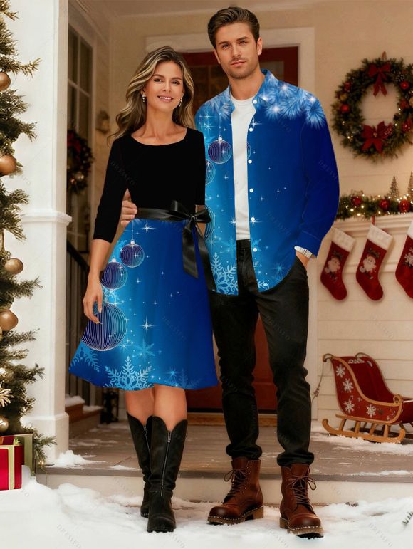 Christmas Couple Outfit Snowflake Bell Print Crossover Belt Dress and Shirt Set - Bleu S | US 4