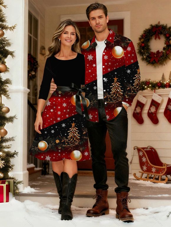 Holiday Couple Outfit Snowflake Christmas Tree Print Belt Dress and Shirt Set - Noir S | US 4