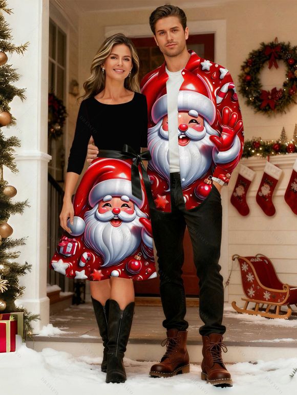 Christmas Couple Outfit Santa Claus Bell Print Belt Dress and Shirt Set - Rouge Vineux S | US 4