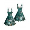 Robe courte imprimée flocons de neige de Noël, empiècement en fausse fourrure, buste froncé, col en cœur - Vert XXXXXL | US 20
