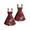 Robe courte imprimée flocons de neige de Noël, empiècement en fausse fourrure, buste froncé, col en cœur - Rouge Vineux XXXXXL | US 20