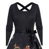 Robe de fête imprimée sapin de Noël, renne et Père Noël, avec ceinture croisée - Noir XXXXXL | US 20