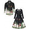 Couple Outfit Christmas Tree Elk Santa Claus Print Belt Dress and Shirt Set - Noir S | US 4
