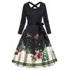 Couple Outfit Christmas Tree Elk Santa Claus Print Belt Dress and Shirt Set - Noir S | US 4