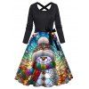 Christmas Couple Outfit Snowman Snowflake Colored Printed Belt Dress and Shirt Set - Noir S | US 4