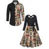 Couple Outfit Elk Snowflake Christmas Tree Printed Crossover Belt Dress and Shirt Set - Noir S | US 4