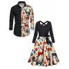 Couple Outfit Zig Zag Elk Bell Christmas Tree Printed Belt Dress and Shirt Set - Noir S | US 4