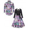 Christmas Couple Outfit Santa Claus 3D Print Crossover Belt Dress and Shirt Set - violet lavande 