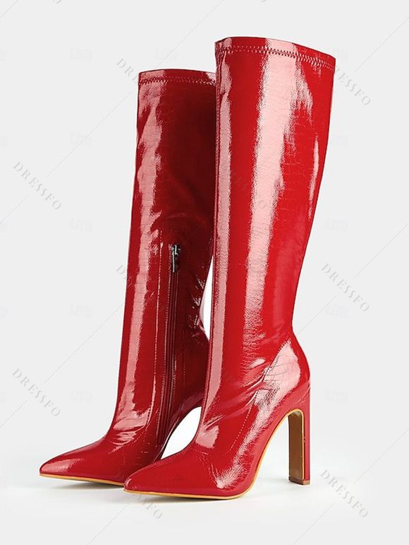 Solid Color Stone Pattern Pointed Toe High Heels Knee-length Boots - Rouge EU 35