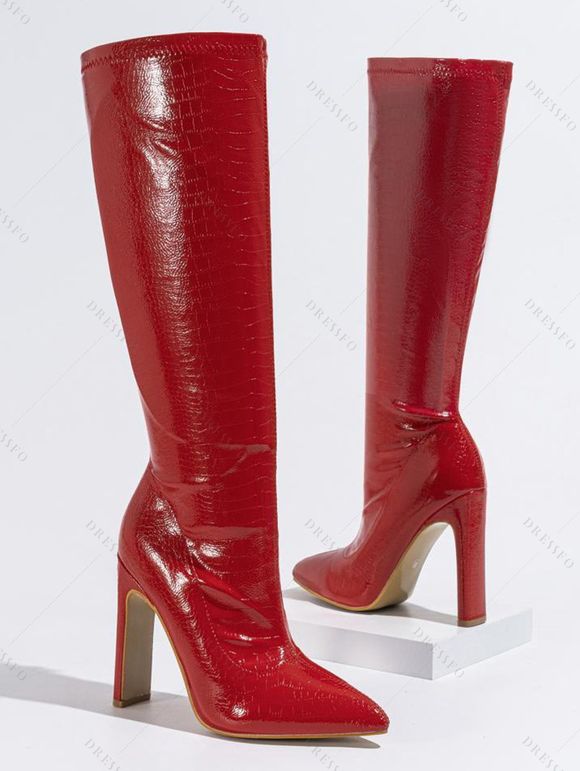 Solid Color Stone Pattern Pointed Toe High Heels Knee-length Boots - Rouge EU 35