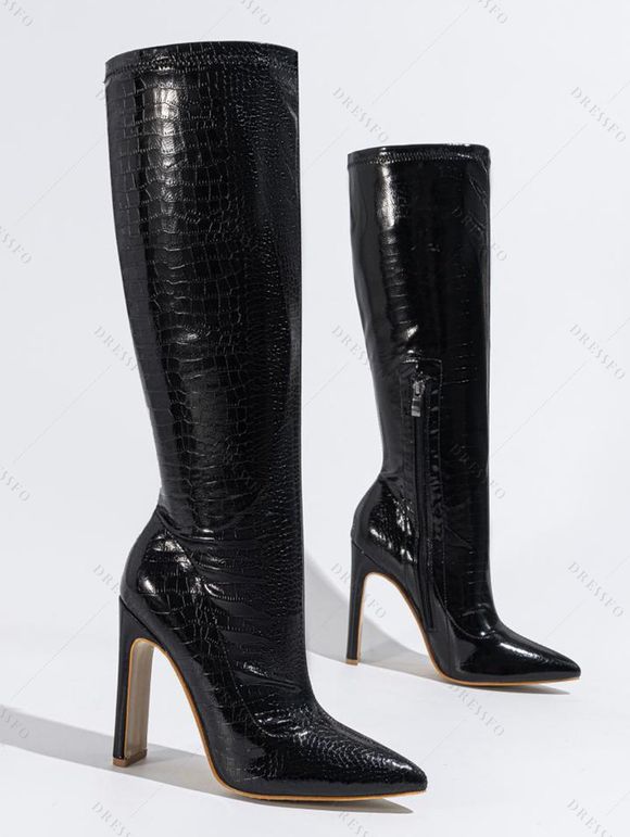 Solid Color Stone Pattern Pointed Toe High Heels Knee-length Boots - Noir EU 41