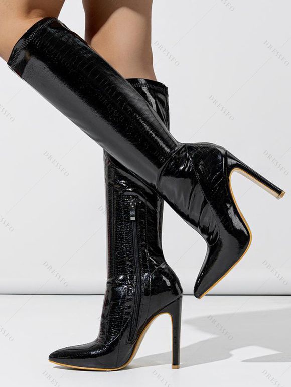 Solid Color Stone Pattern Pointed Toe High Heels Knee-length Boots - Noir EU 41