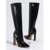 Solid Color Stone Pattern Pointed Toe High Heels Knee-length Boots - Noir EU 41