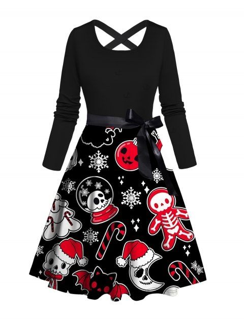 Robe de Noël fantôme sapin de Noël flocons de neige chauve-souris imprimé ceinture croisée