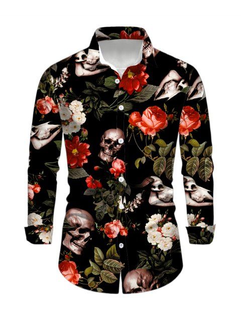 Chemise de vacances pour homme à manches longues avec imprimé tête de mort, fleurs, roses et feuilles