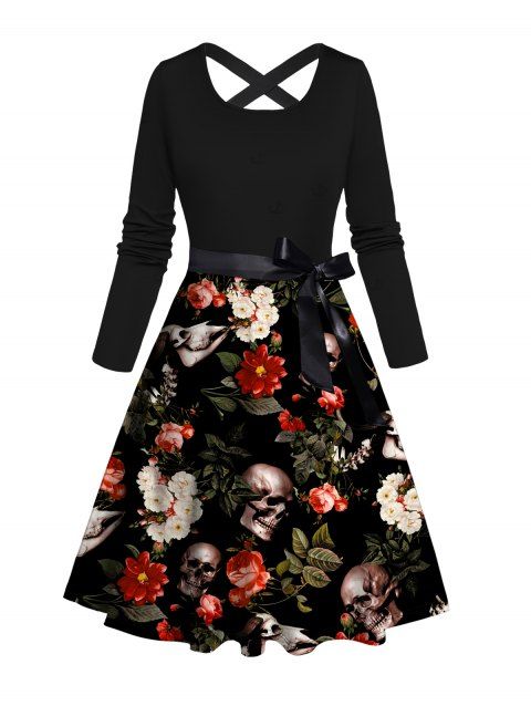 Robe de vacances à imprimé floral tête de mort, rose et feuilles, ceinture croisée