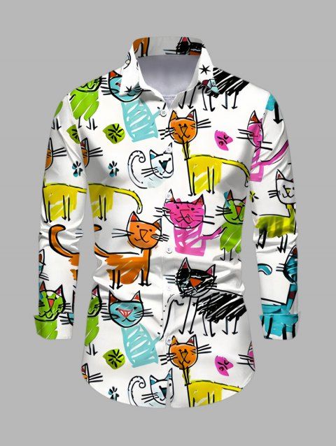 Chemise de vacances pour homme à manches longues avec imprimé chat de dessin animé intégral