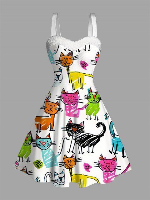 Robe de vacances en fausse fourrure imprimée chat de dessin animé