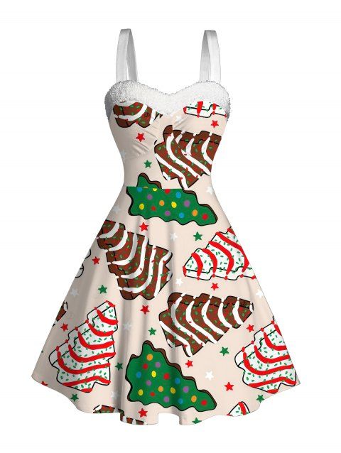 Robe de fête en fausse fourrure imprimée d'étoiles et de sapins de Noël colorés