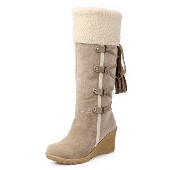 Lace-Up Fringes High Shaft Snow Boots Wedge Heel Foldable Cuff Boots