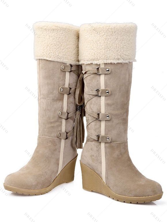 Lace-Up Fringes High Shaft Snow Boots Wedge Heel Foldable Cuff Boots - café lumière EU 43