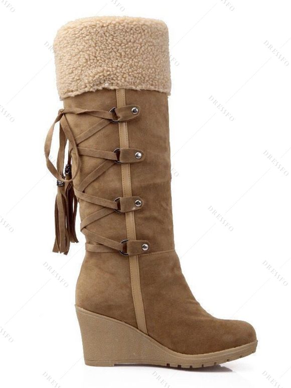 Lace-Up Fringes High Shaft Snow Boots Wedge Heel Foldable Cuff Boots - Brun EU 35