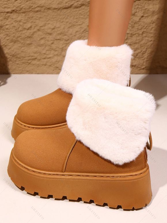Plush Lining Snow Boots Furry Cuff Round Toe Warm Boots - Brun EU 35