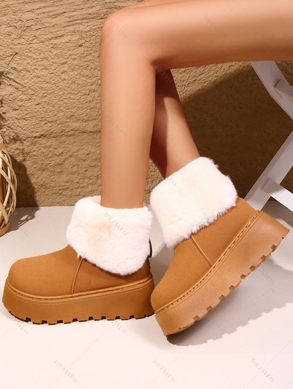 Plush Lining Snow Boots Furry Cuff Round Toe Warm Boots - Brun EU 35
