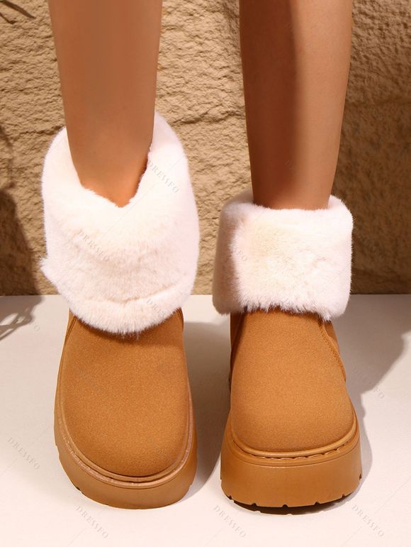 Plush Lining Snow Boots Furry Cuff Round Toe Warm Boots - Brun EU 35