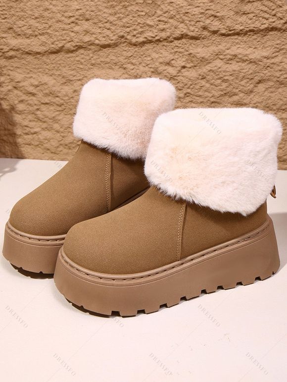 Plush Lining Snow Boots Furry Cuff Round Toe Warm Boots - café lumière EU 42