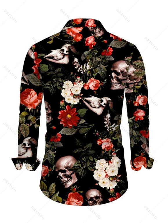 Chemise de vacances pour homme à manches longues avec imprimé tête de mort, fleurs, roses et feuilles - Noir 5XL