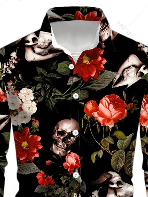 Chemise de vacances pour homme à manches longues avec imprimé tête de mort, fleurs, roses et feuilles - Noir 5XL