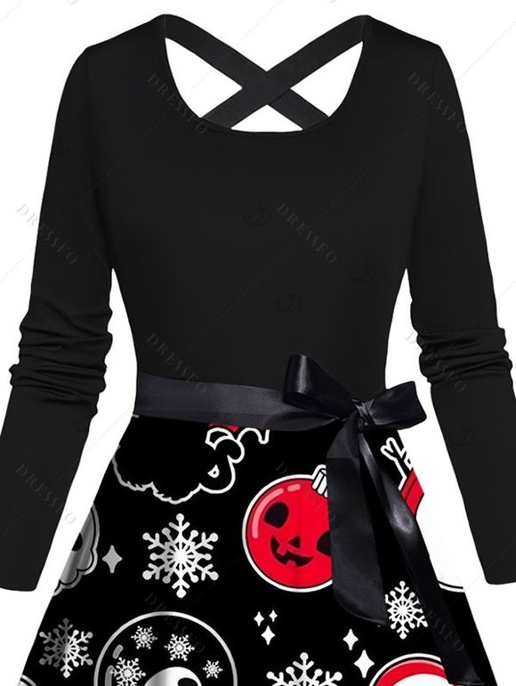Robe de Noël fantôme sapin de Noël flocons de neige chauve-souris imprimé ceinture croisée - Noir XXXXXL | US 20
