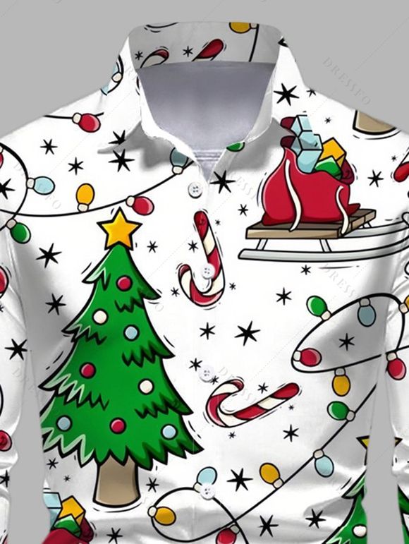 Chemise à manches longues pour homme avec imprimé sapin de Noël, éclairs et flocons de neige - Blanc 5XL