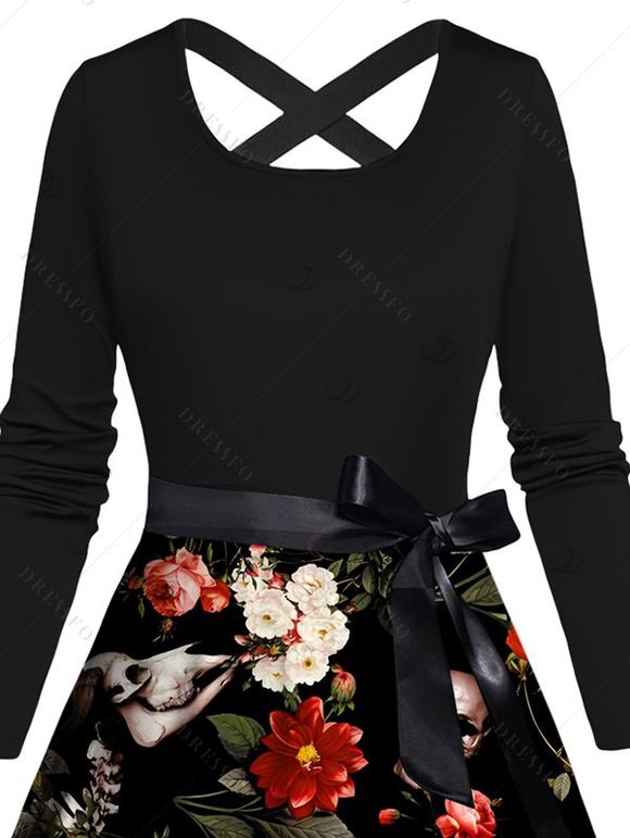 Robe de vacances à imprimé floral tête de mort, rose et feuilles, ceinture croisée - Noir XXXXXL | US 20