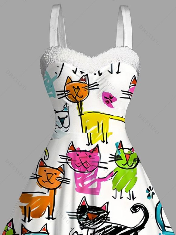 Robe de vacances en fausse fourrure imprimée chat de dessin animé - Blanc XXXXXL | US 20