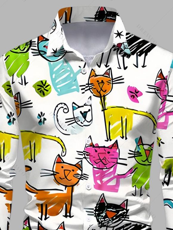 Chemise de vacances pour homme à manches longues avec imprimé chat de dessin animé intégral - multicolor 5XL