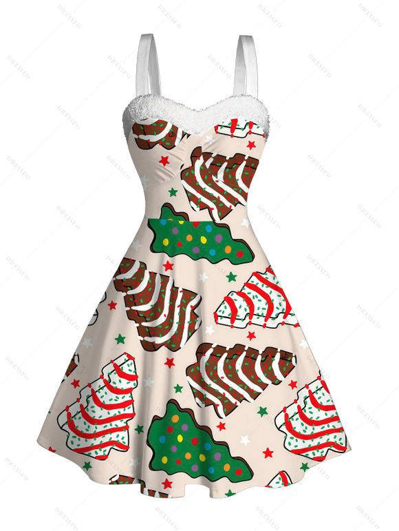 Robe de fête en fausse fourrure imprimée d'étoiles et de sapins de Noël colorés - Abricot XXXXXL | US 20