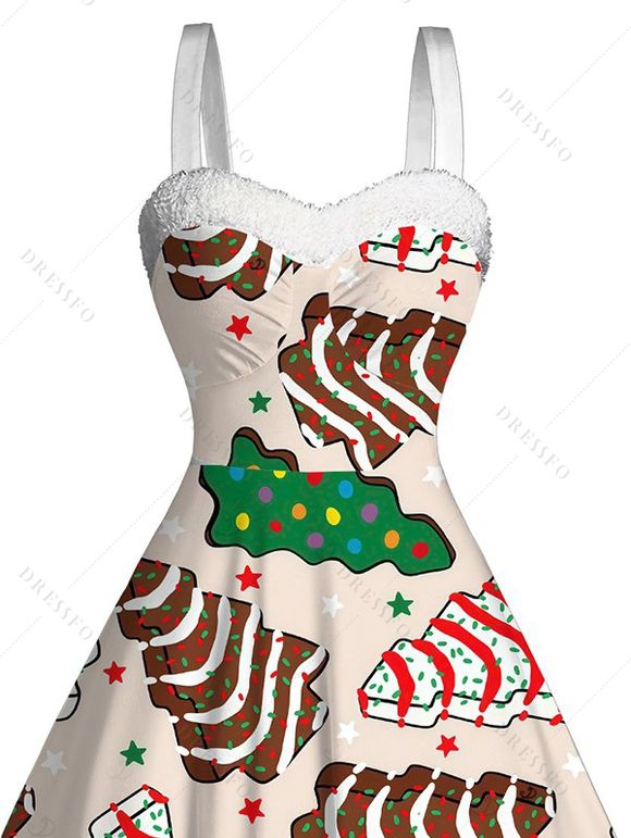 Robe de fête en fausse fourrure imprimée d'étoiles et de sapins de Noël colorés - Abricot XXXXXL | US 20