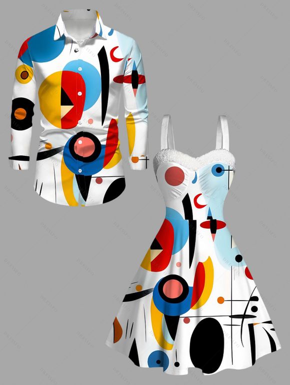 Winter Couple Outfit Colored Geometric Printed Shirt Faux Fur Dress and Shirt Set - multicolor S | US 4