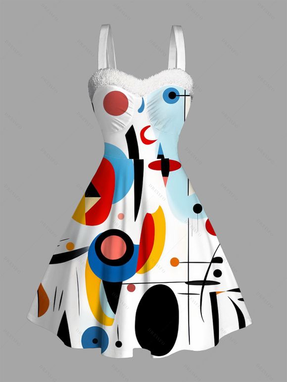 Winter Couple Outfit Colored Geometric Printed Shirt Faux Fur Dress and Shirt Set - multicolor S | US 4