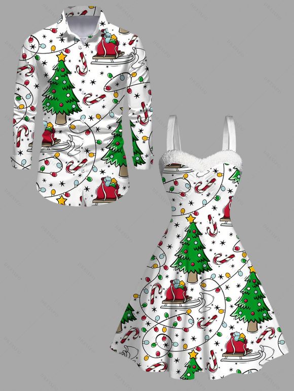 Couple Outfit Christmas Tree Lightning Chains Print Faux Fur Dress and Shirt Set - Blanc S | US 4